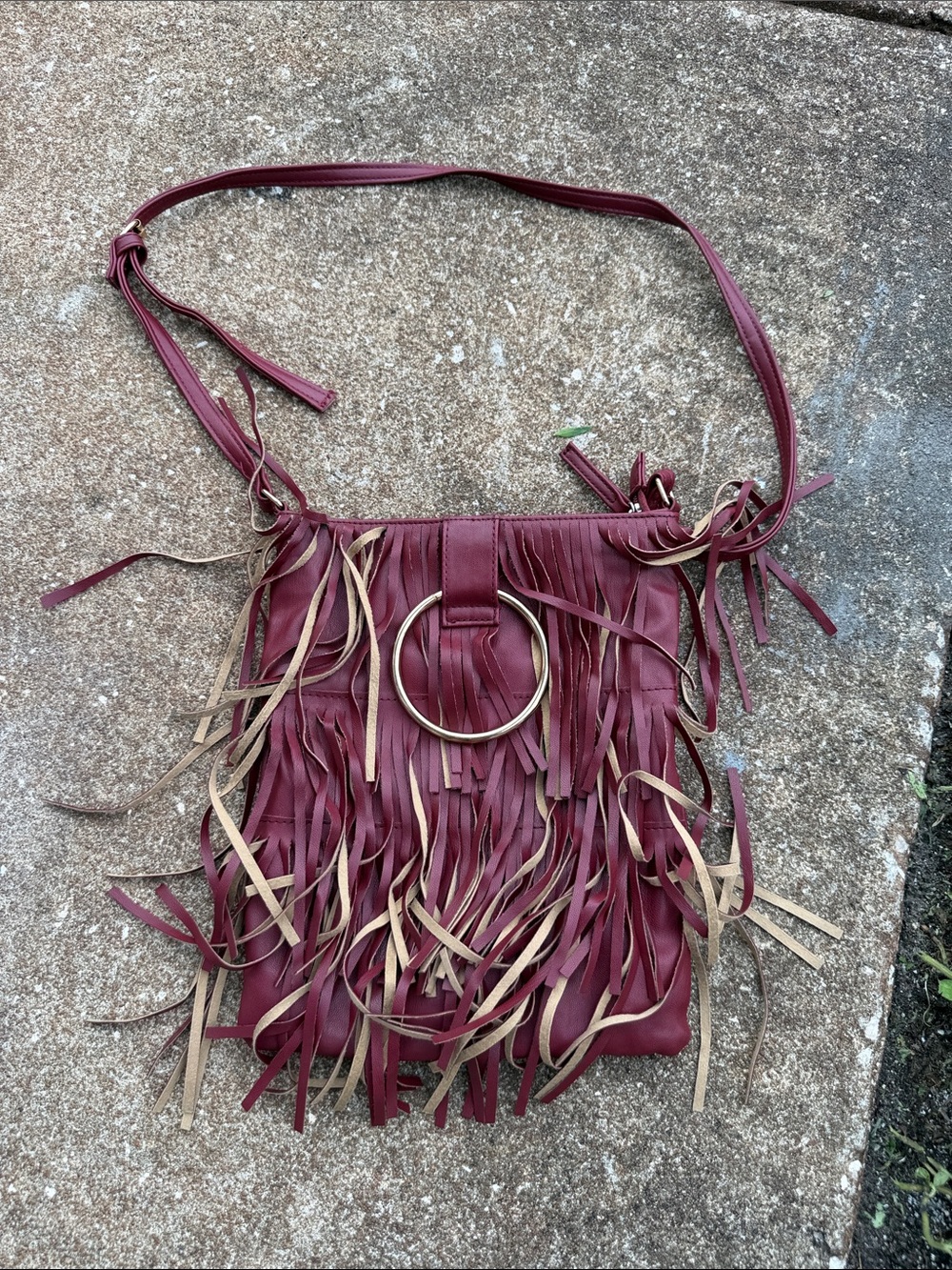 Fringed Crossbody Bag in Burgundy by Deb and Dave. GUC